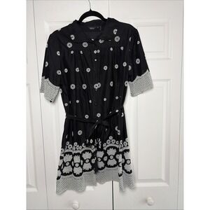 Stera Embroidered Eyelet Lace Shirt Dress Womens Size L Black White Boho Cotton
